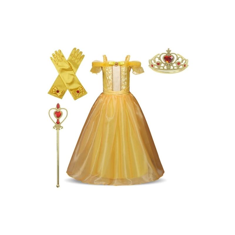 FITTO Belle Costume Princess Dress Up Set Yellow Gown, Tiara, and Wand for Imaginative Play, size 130