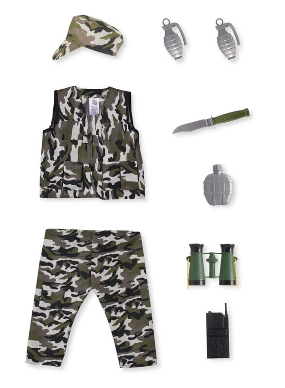 FITTO Kids Military Soldier Costume, Army costume for Boys with camo hat, Binoculars, Walkie Talkie, Water bottle, Hat, and pants