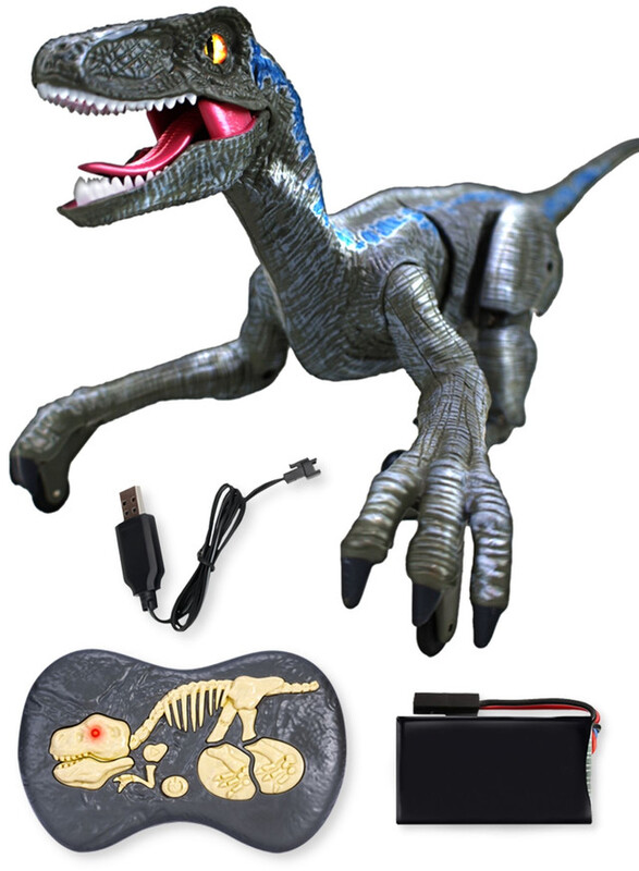 FITTO Remote Control Velociraptor Dinosaur Toy with Realistic Remote Control, Lights, and Sounds, Grey