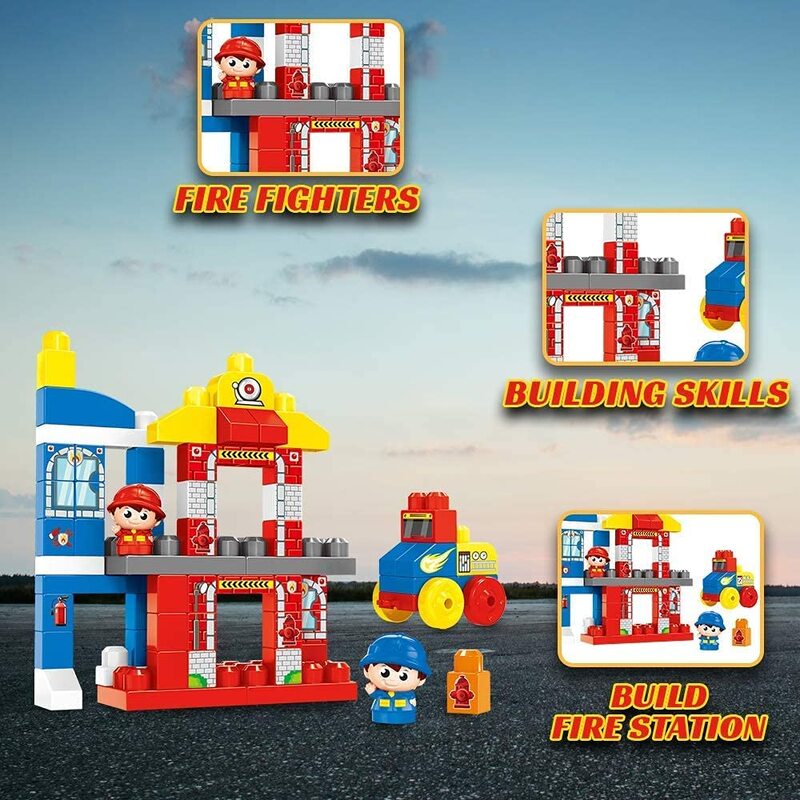 FITTO Building toys for boys building blocks fire station with two firefighters and fire truck STEM toys for 3 Year Old (67 pcs)