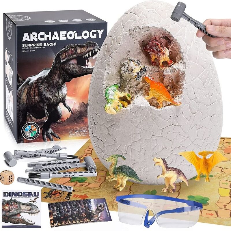 FITTO Jumbo Dinosaur Egg Toy Set - Educational Excavation Set with 12 Unique Dinosaur Fossils and 6 Digging Tools, Random Color