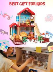 FITTO Dollhouse Playset, With 1 Doll, 1 Dog, and Furniture Toy Accessories, 3 Rooms, Red