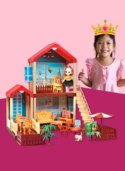 FITTO Dollhouse Playset, With 1 Doll, 1 Dog, and Furniture Toy Accessories, 3 Rooms, Red