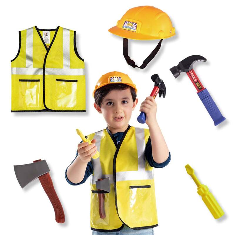 Fitto Construction Worker Role Play Costume Set - Kids Construction Worker Costume Dress Up Pretend Play Outfit with Rescue Tools and Accessories Kids Toys, Career Costumes for Kids