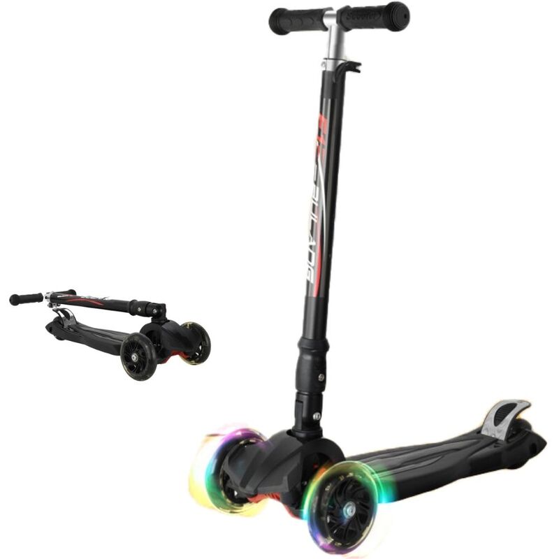 FITTO Toddler Scooter with Adjustable Handlebar and Light-Up Wheels, Black, 66CM-90CM