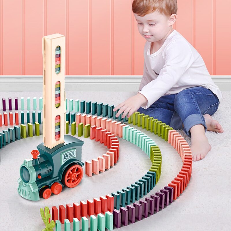 FITTO Electric Domino Train Car Set with Sound and Light Effects for Creative Play