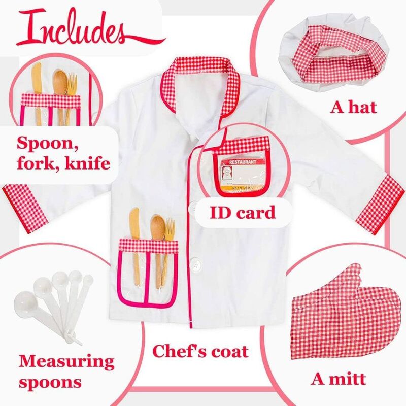 FITTO Chef Costume Dress Up Set with Hat, Apron, Oven Mitt, and Accessories