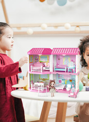FITTO 4 Rooms 2 Story Dollhouse Playset, With 1 Doll, Furniture Toy Accessories, Pink