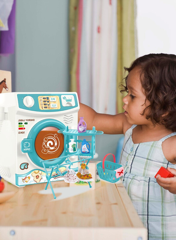 FITTO Washing Machine Playset for Kids, Realistic Pretend Play Appliance with Clothes, Basket, and Hanging Rack, Blue