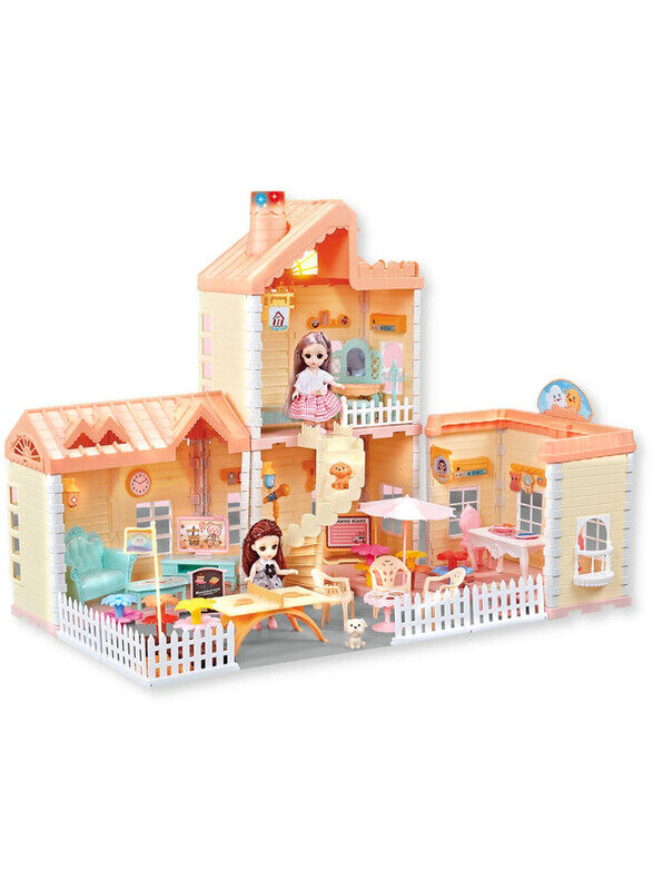 

Kidwala FITTO 2 Rooms 2 Story Dollhouse Playset, With 2 Dolls and 1 Dog, and Furniture Toy Accessories, Peach