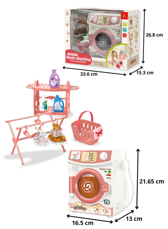 FITTO Washing Machine Playset for Kids, Realistic Pretend Play Appliance with Clothes, Basket, and Hanging Rack, Pink