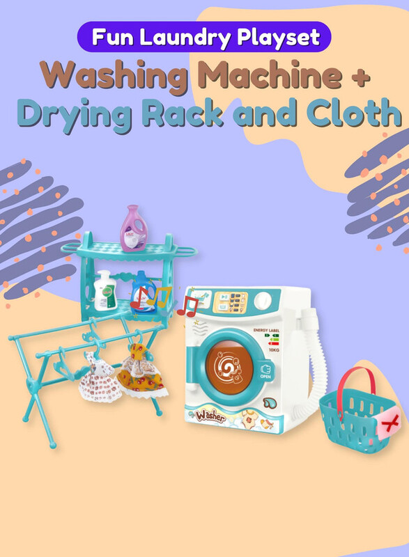 FITTO Washing Machine Playset for Kids, Realistic Pretend Play Appliance with Clothes, Basket, and Hanging Rack, Blue