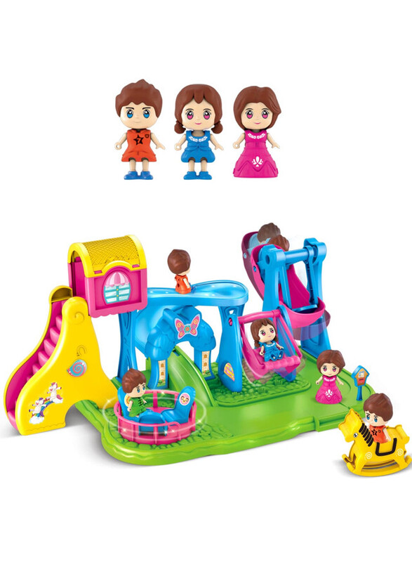 FITTO Playground Station Playset, With 3 Dolls, Swing, and Pink Slides
