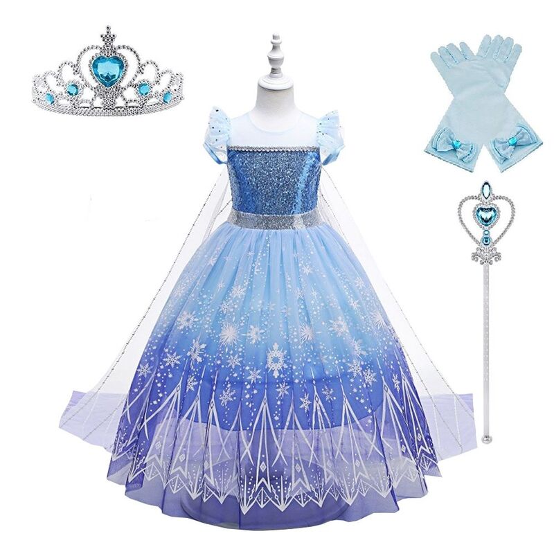 FITTO Frozen Inspired Girls Princess Dress with Glittering Snowflake Pattern and Tulle Skirt, size 130