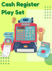 FITTO Supermarket Cash Register for Kids, With Shopping Basket, Toy Cash Money, Working Calculator, Microphone, and a Credit Card, Red