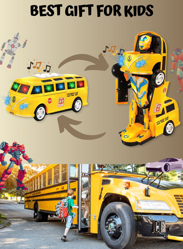 FITTO Big Yellow School Bus Transforms Into Robot with Flashing LED Lights and Bus Sounds, with Two Batteries, Yellow