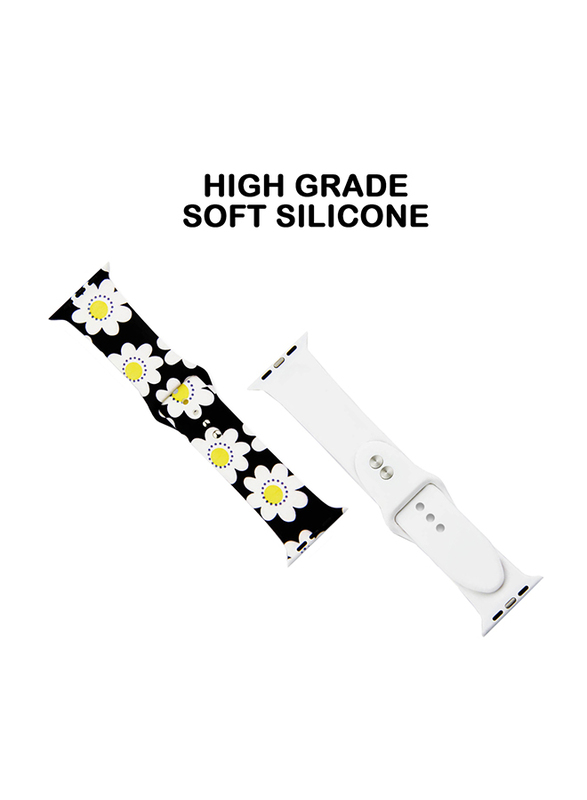 Kidwala Silicone Daisy Flower Pattern Watch Band for Apple Watch 38mm/40mm, Yellow/White/Black