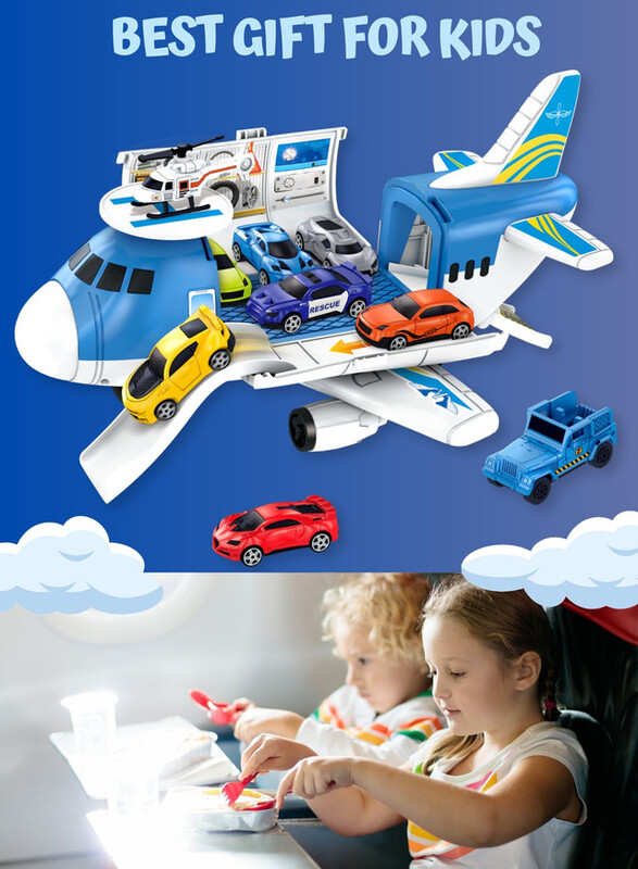 FITTO Toy Airplane Playset With Air Transport Set for Cars, Blue