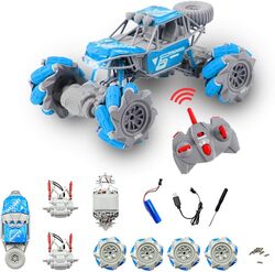 FITTO DIY Stunt RC Truck, 4WD 2.4GHz Remote Control Truck, DIY toy with off road tires 360 degree turns with LED Lights RC drift trucks for Boys Birthday (BLUE)