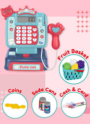 FITTO Supermarket Cash Register for Kids, With Shopping Basket, Toy Cash Money, and a Working Calculator, Blue