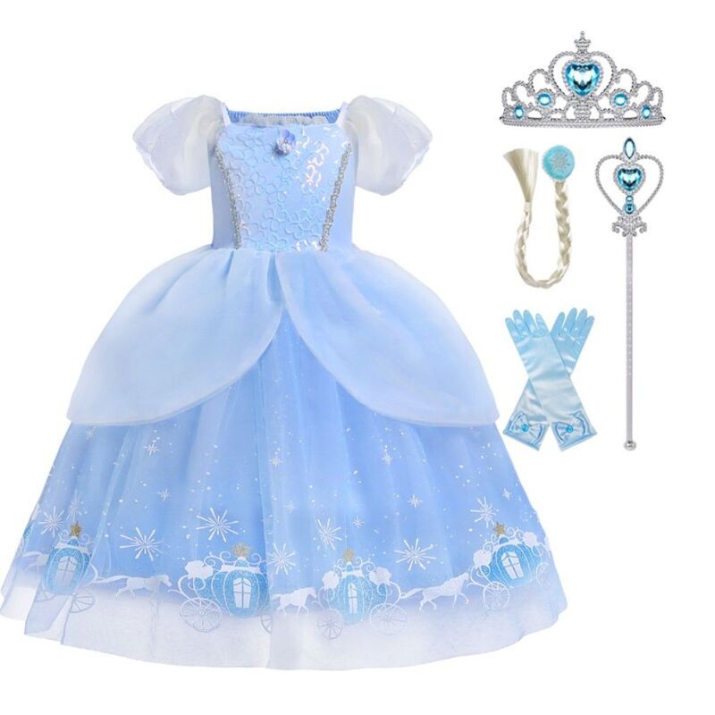 FITTO Cinderella Costume for Girls Princess Dress Up Set with Blue Dress and Headband