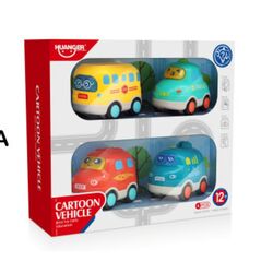 FITTO Gliding Cartoon Vehicles with Lights and Sounds - Pack of 4 Car Toys