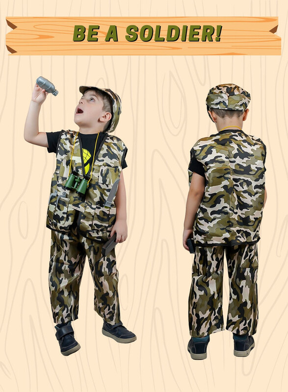 FITTO Kids Military Soldier Costume, Army costume for Boys with camo hat, Binoculars, Walkie Talkie, Water bottle, Hat, and pants