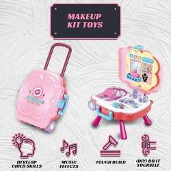 FITTO Kids Rolling Travel Bag with Music and Light, Pretend Kids Makeup Set for Girls Toys for Preschool Kids Toddler, Makeup Bag Toy for Children