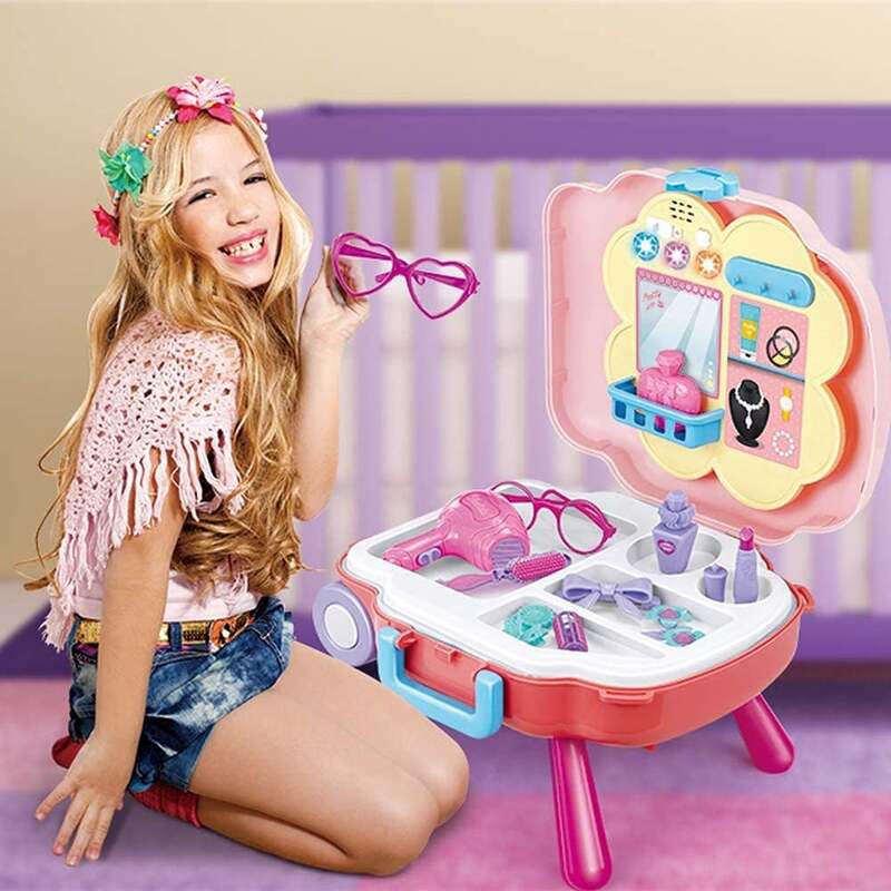 FITTO Kids Rolling Travel Bag with Music and Light, Pretend Kids Makeup Set for Girls Toys for Preschool Kids Toddler, Makeup Bag Toy for Children