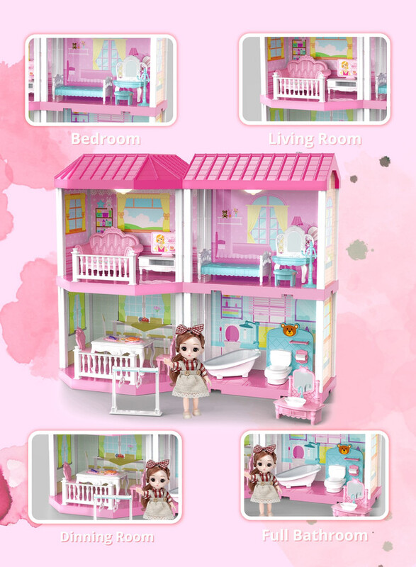 FITTO 4 Rooms 2 Story Dollhouse Playset, With 1 Doll, Furniture Toy Accessories, Pink