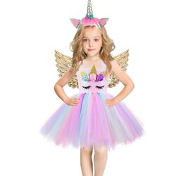 FITTO Unicorn Girl Dress Cosplay Dress Set - Complete Princess Dress Set with Unicorn Horn and Ears