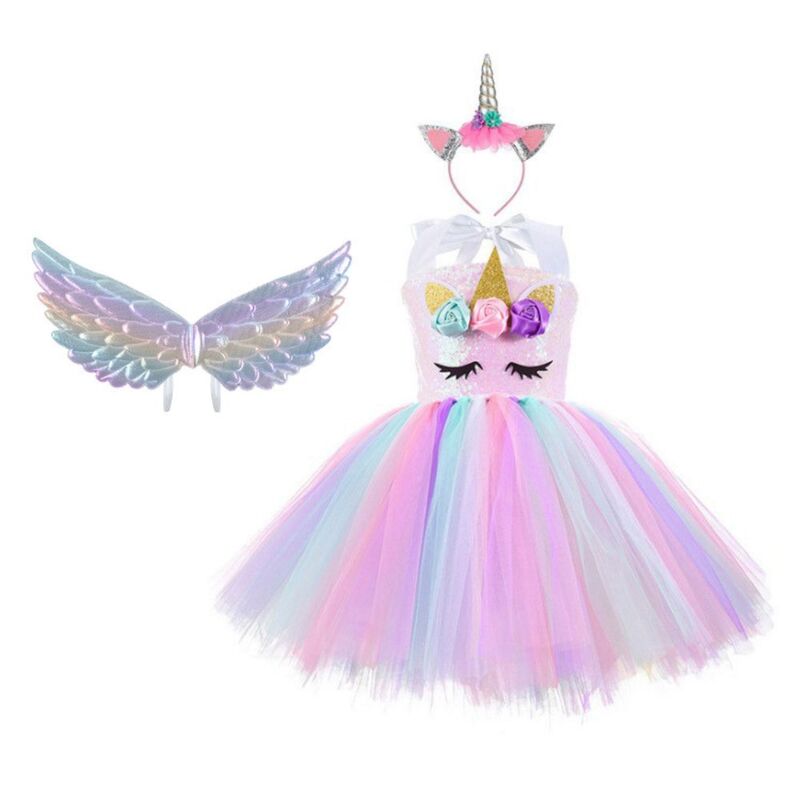 FITTO Unicorn Girl Dress Cosplay Dress Set - Complete Princess Dress Set with Unicorn Horn and Ears