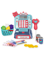 FITTO Supermarket Cash Register for Kids, With Shopping Basket, Toy Cash Money, and a Working Calculator, Blue