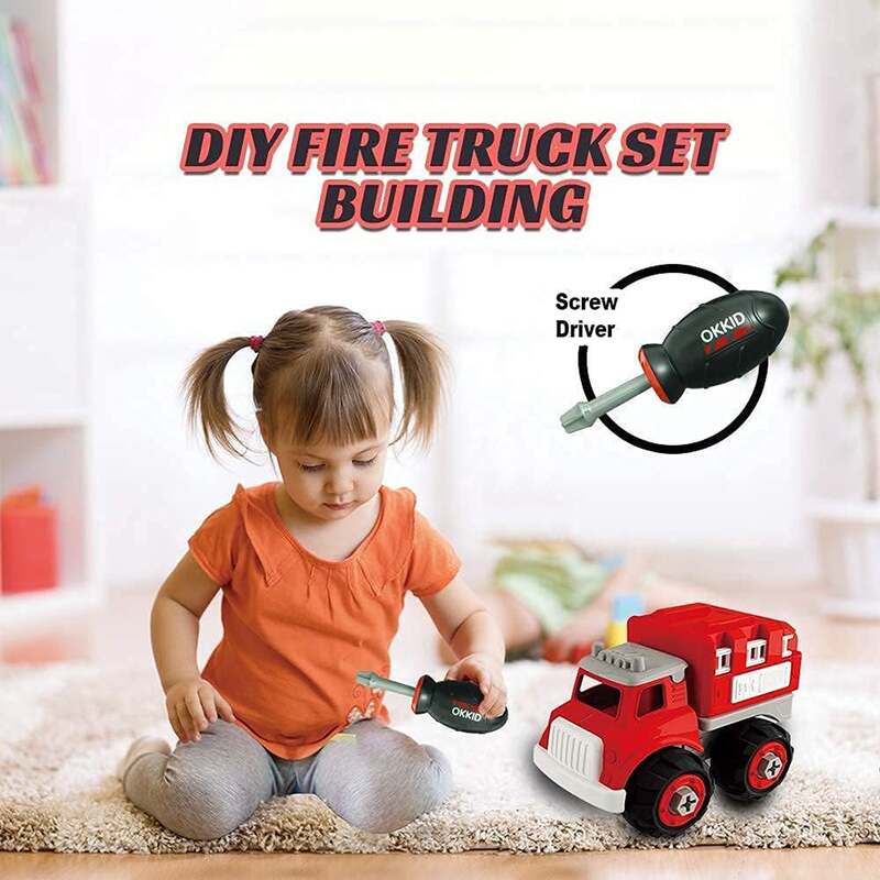 FITTO Take Apart Toys Fire Truck Set for Boys with Screwdriver, Equipment Truck, and Firefighter Helmet Complete Play Kit STEM toys for 3 Year Old