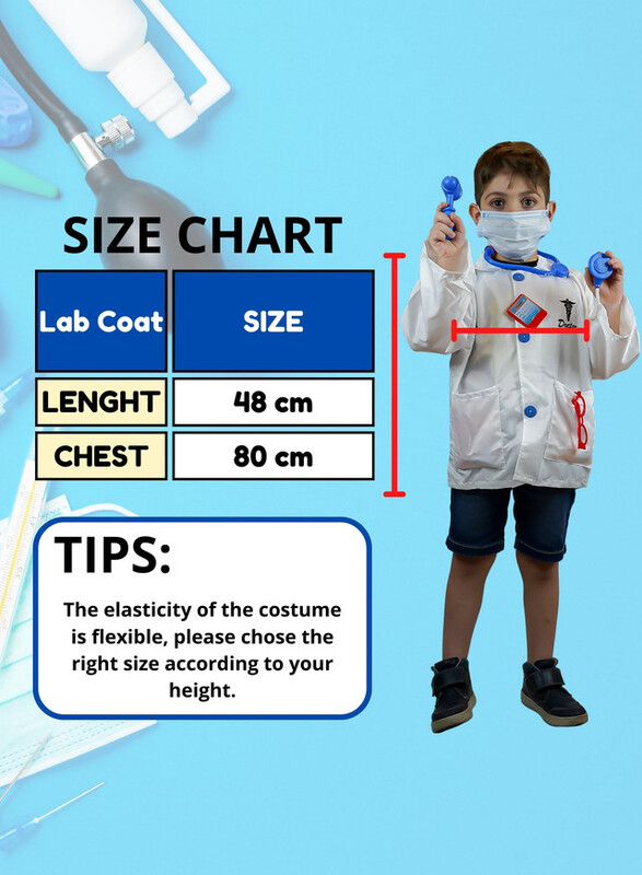 Fitto doctor costume, white doctor coat for kids with realistic tool accessories like glasses, face mask, drops, syringe & thermometer