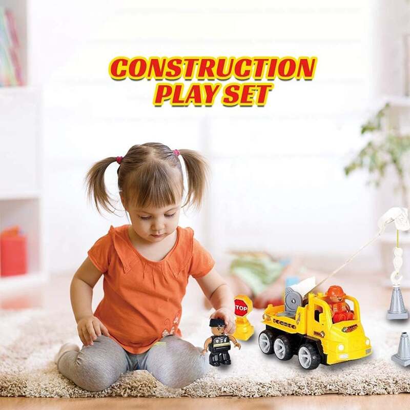 FITTO Building toys for boys building blocks construction crane with two construction workers and two cones STEM toys for 3 Year Old (18 pcs)