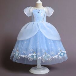 FITTO Cinderella Costume for Girls Princess Dress Up Set with Blue Dress and Headband, size 130