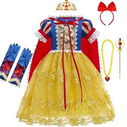 FITTO Princess Snow White Costume with Accessories Set - Tiara, Wand, Necklace, and Earrings for Kids Dress-Up Play