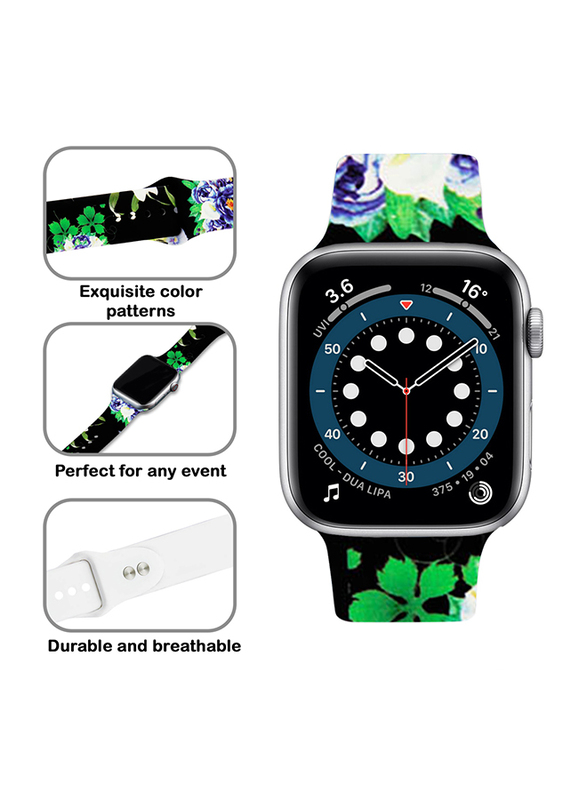 Kidwala Silicone Flower Pattern Watch Band for Apple Watch 42mm/44mm, Black Green lavendar