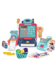 FITTO Supermarket Cash Register for Kids, With Shopping Basket, Toy Cash Money, Working Calculator, Microphone, and a Credit Card, Red