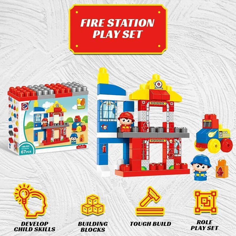 FITTO Building toys for boys building blocks fire station with two firefighters and fire truck STEM toys for 3 Year Old (67 pcs)