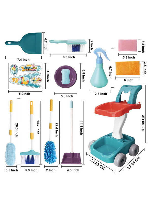 FITTO House Cleaning Complete Set for Kids, With Mop, Broom, Dust Pan Spray Bottle, Cleaning Trolley, and more, Blue