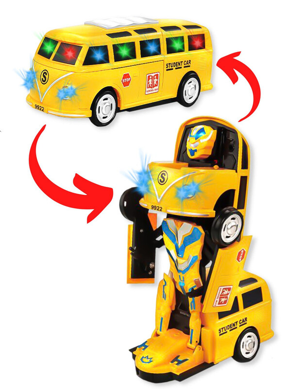 FITTO Big Yellow School Bus Transforms Into Robot with Flashing LED Lights and Bus Sounds, with Two Batteries, Yellow