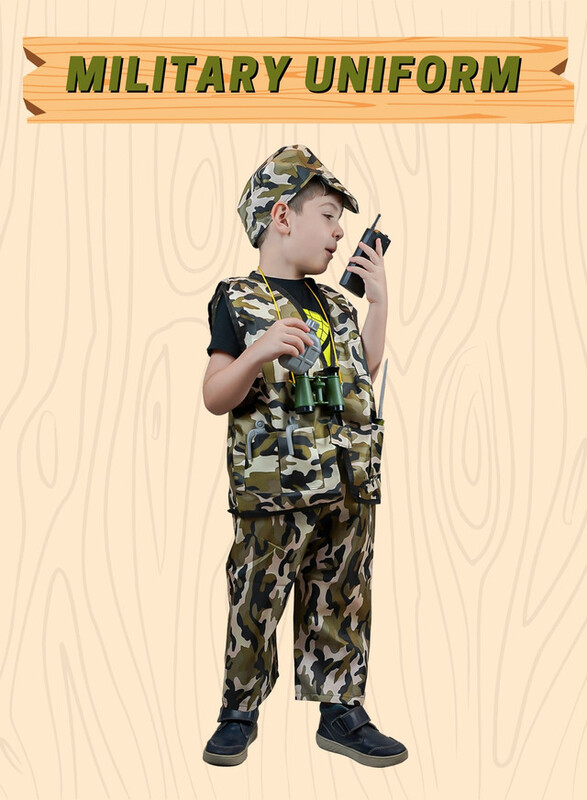 FITTO Kids Military Soldier Costume, Army costume for Boys with camo hat, Binoculars, Walkie Talkie, Water bottle, Hat, and pants