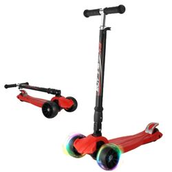 FITTO Toddler Scooter with Adjustable Handlebar and Light-Up Wheels, Red, 55cm