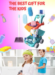 FITTO House Cleaning Complete Set for Kids, With Mop, Broom, Dust Pan Spray Bottle, Cleaning Trolley, and more, Blue