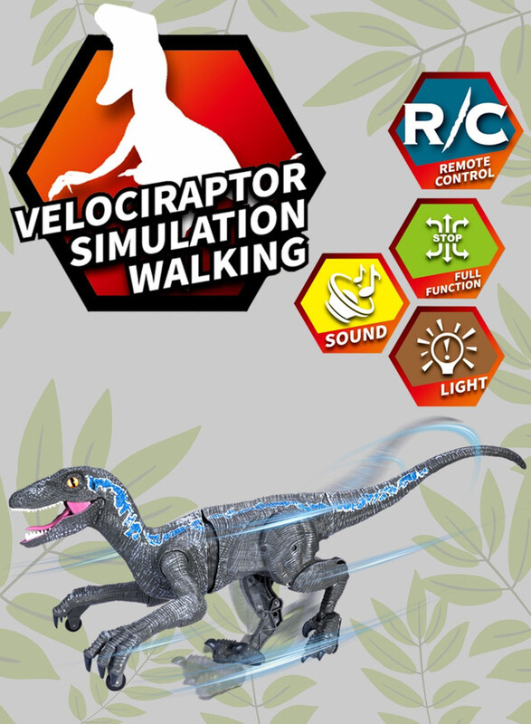 FITTO Remote Control Velociraptor Dinosaur Toy with Realistic Remote Control, Lights, and Sounds, Grey