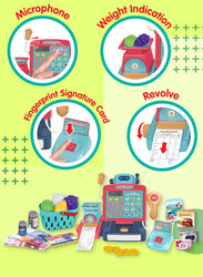 FITTO Supermarket Cash Register for Kids, With Shopping Basket, Toy Cash Money, Working Calculator, Microphone, and a Credit Card, Red