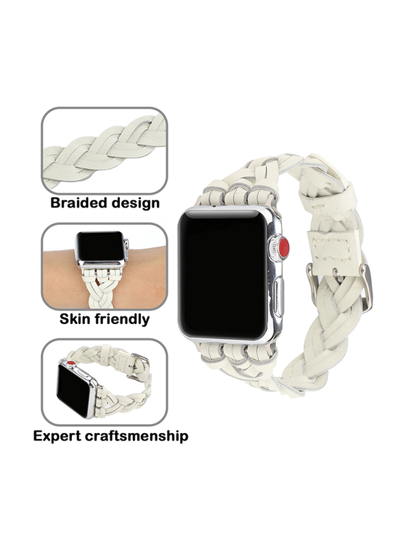Kidwala Leather Top Grain Braided Watch Band for Apple Watch 42mm/44mm, White