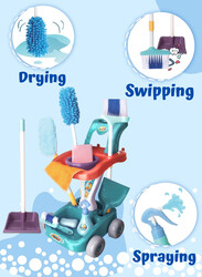 FITTO House Cleaning Complete Set for Kids, With Mop, Broom, Dust Pan Spray Bottle, Cleaning Trolley, and more, Blue